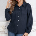 Women's Long-Sleeve Blouse with Fine Ribbed Texture and Classic Shirt Collar