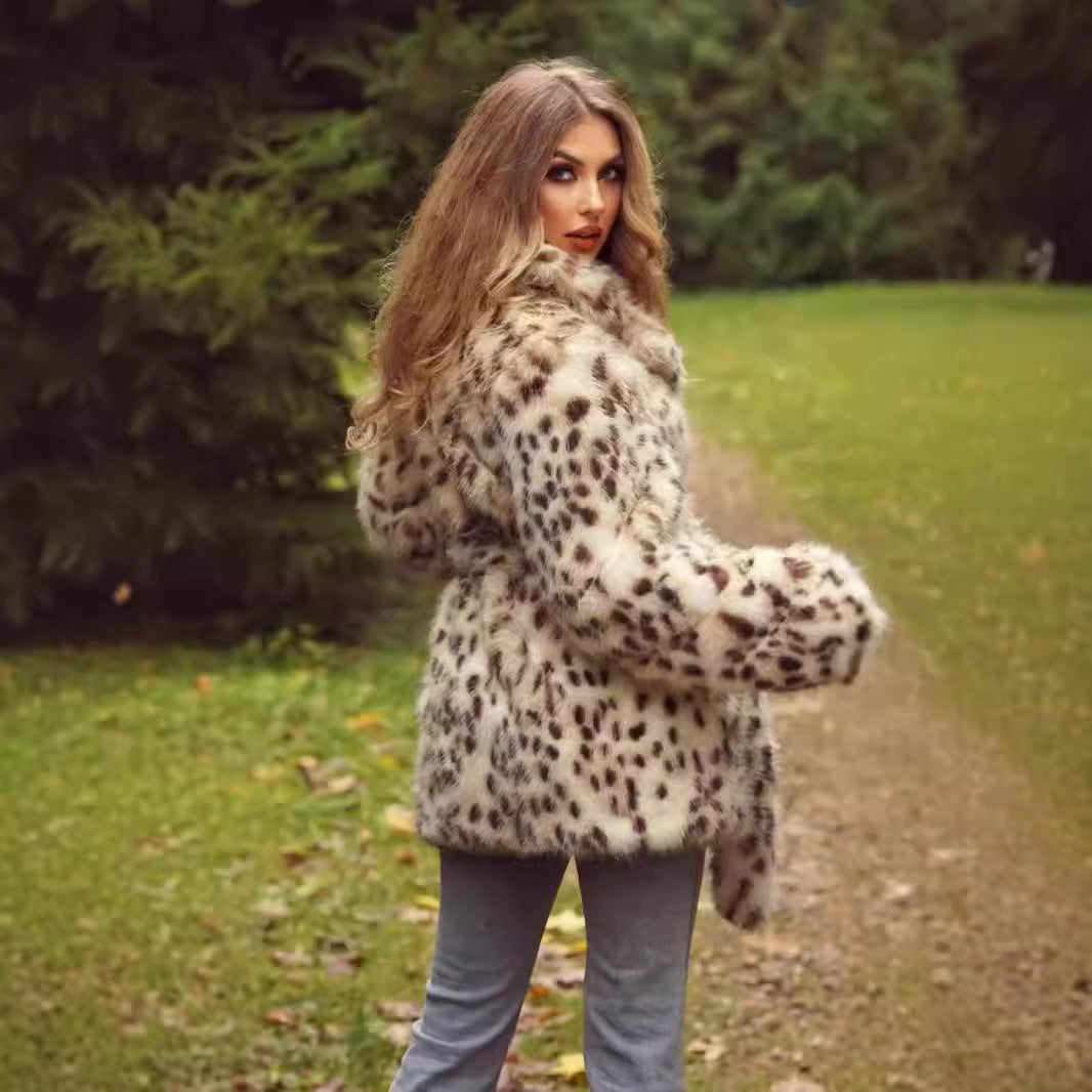 Women's Elegant Faux Fur Coat with Belt and Leopard Print