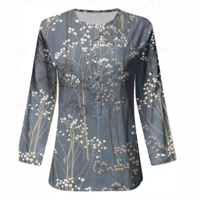 Women's Long Sleeve Button-Down Blouse with Floral Print