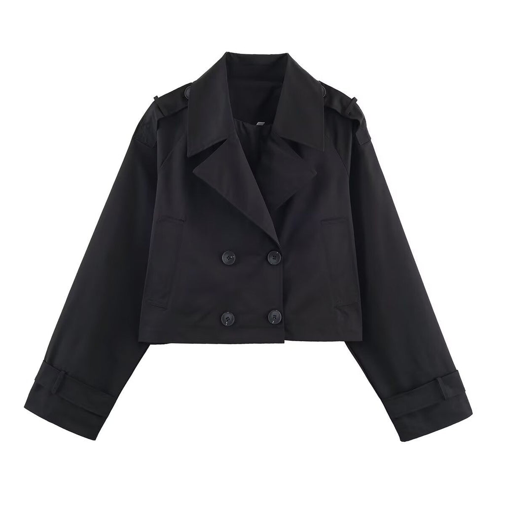 Women's Cropped Trench Coat with Double-Breasted Button Placket