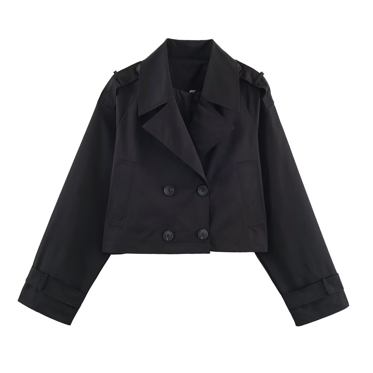 Women's Cropped Trench Coat with Double-Breasted Button Placket