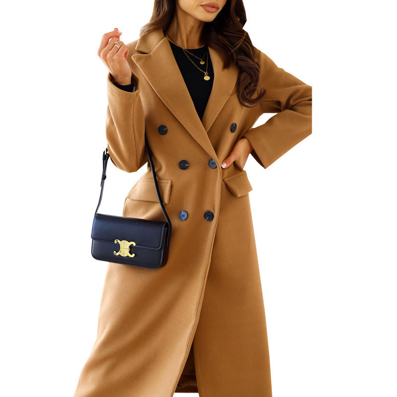 Women's Elegant Double-Breasted Wool Coat with Pockets
