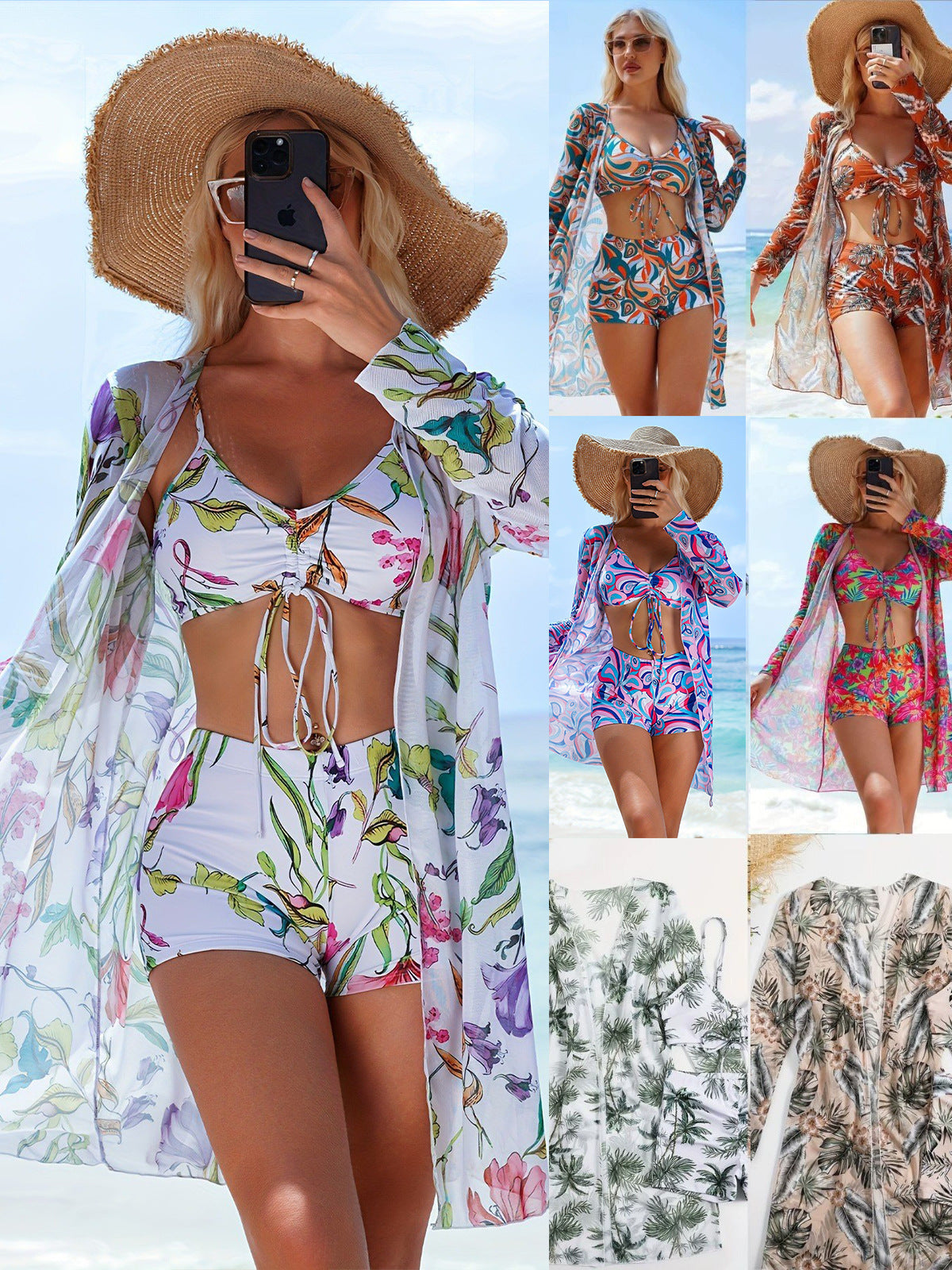 Women's Swim Set with Casual Kimono and Sporty Shorts