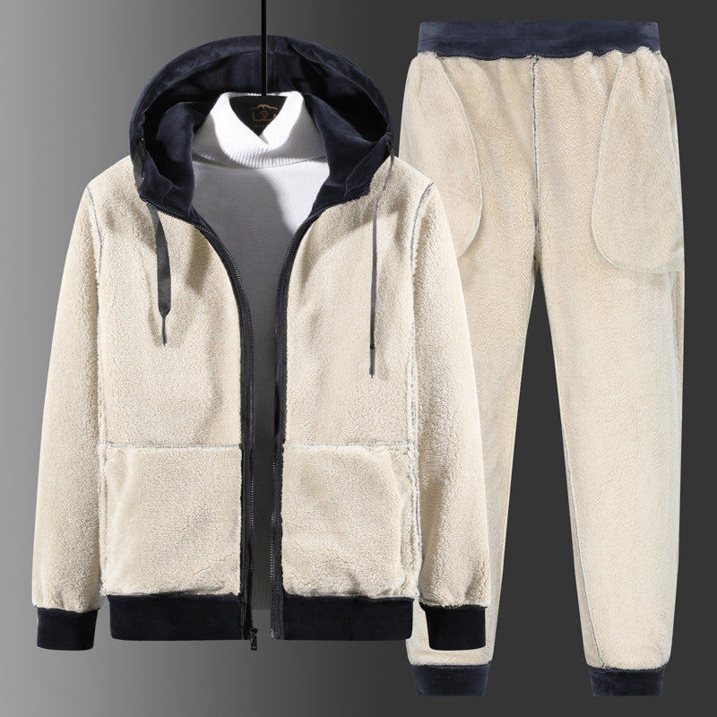 Men's fleece leisure suit with hooded jacket and thermo jogging pants
