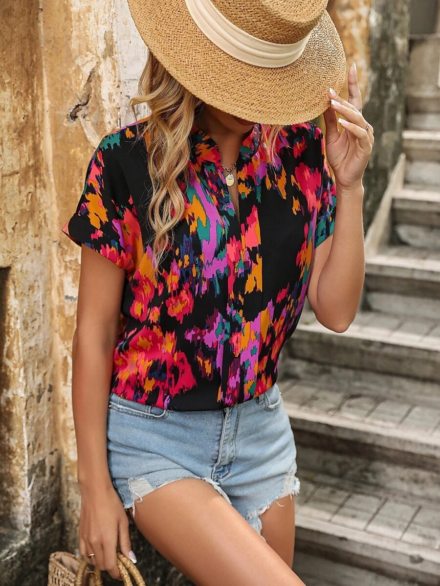 Women's Floral Blouse with Stylish Stand-Up Collar