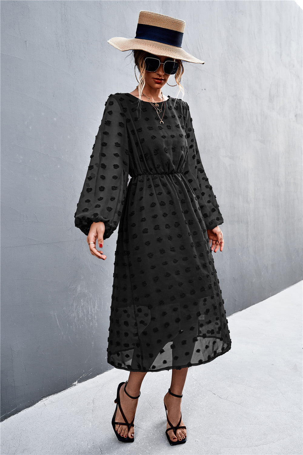 Chiffon Dress with Textured Pattern and Belt