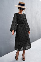 Chiffon Dress with Textured Pattern and Belt