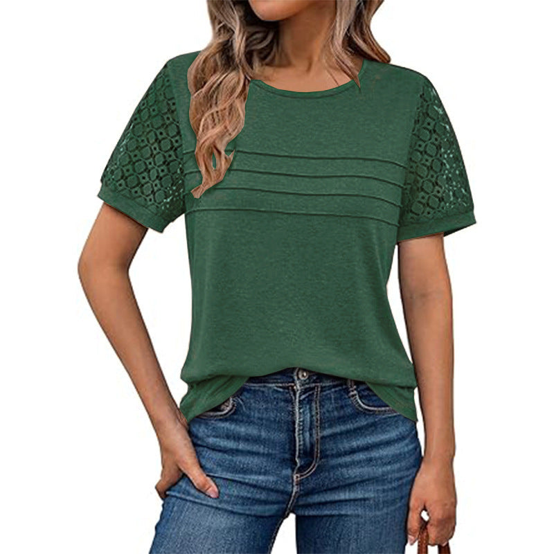 Women's Airy T-Shirt with Attractive Crochet Sleeves