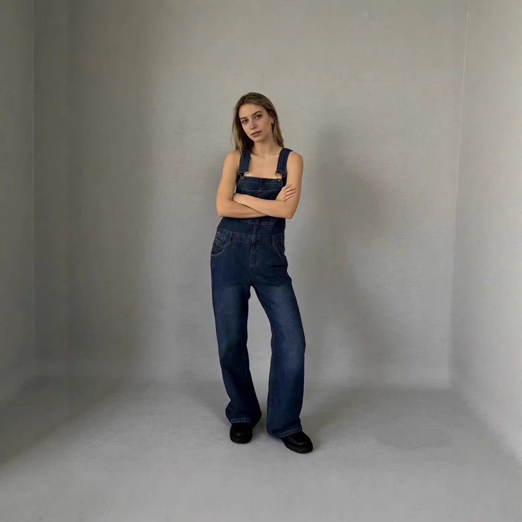 Women's Denim Overalls with Wide Leg and Low Back