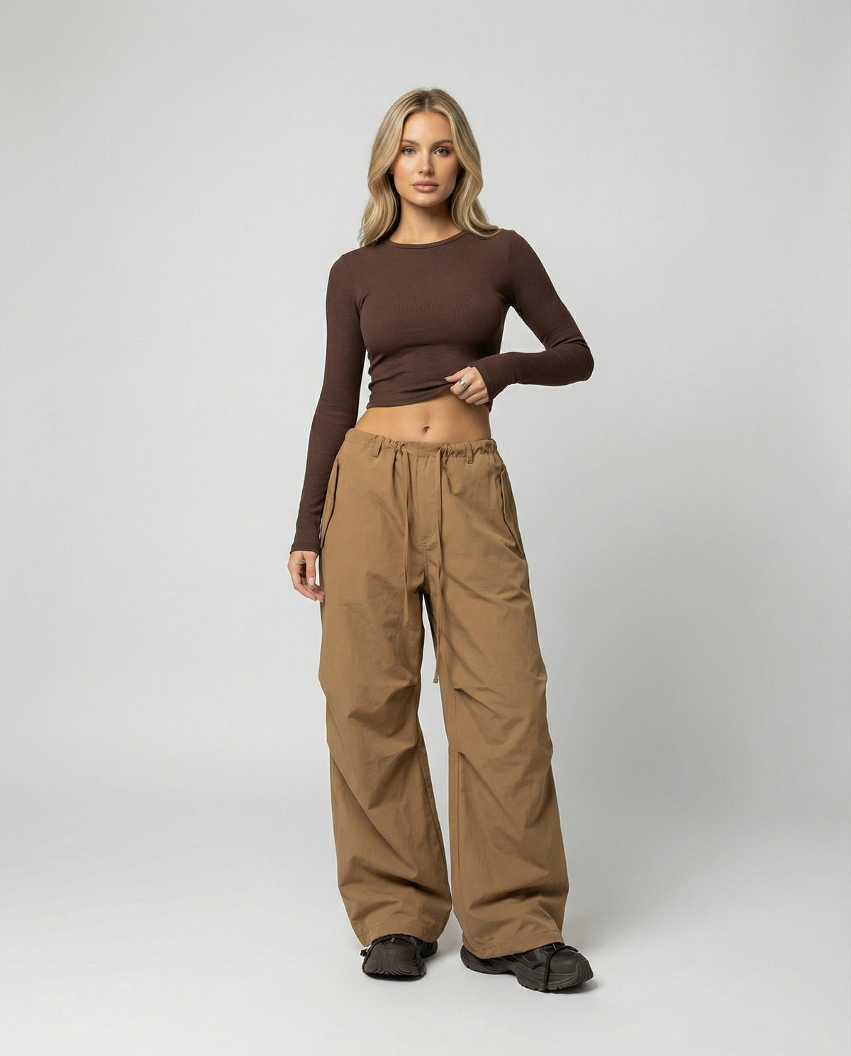 Women's High-Waisted Extra-Wide Streetwear Trousers with Drawstring and Knee Pleats