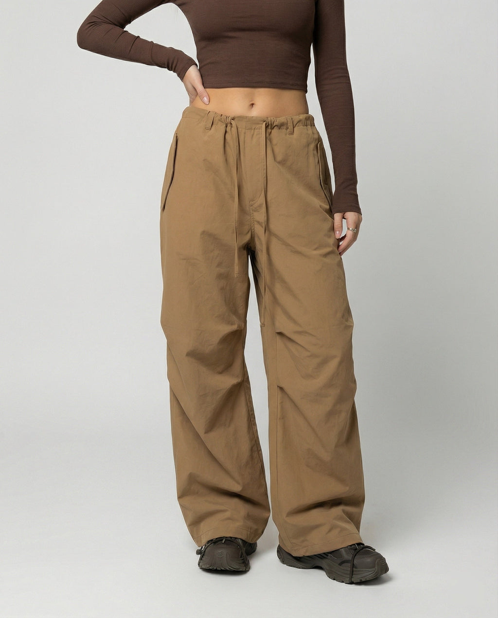 Women's High-Waisted Extra-Wide Streetwear Trousers with Drawstring and Knee Pleats