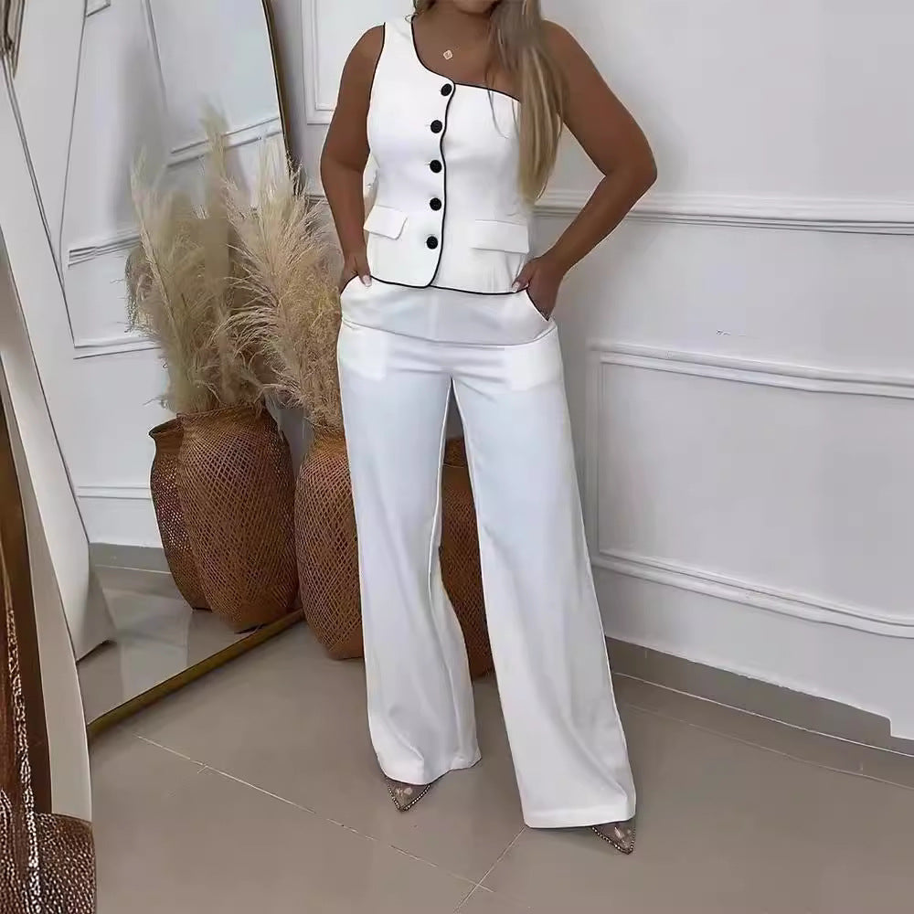 Women's Elegant Pantsuit with Asymmetrical Neckline and Button Details