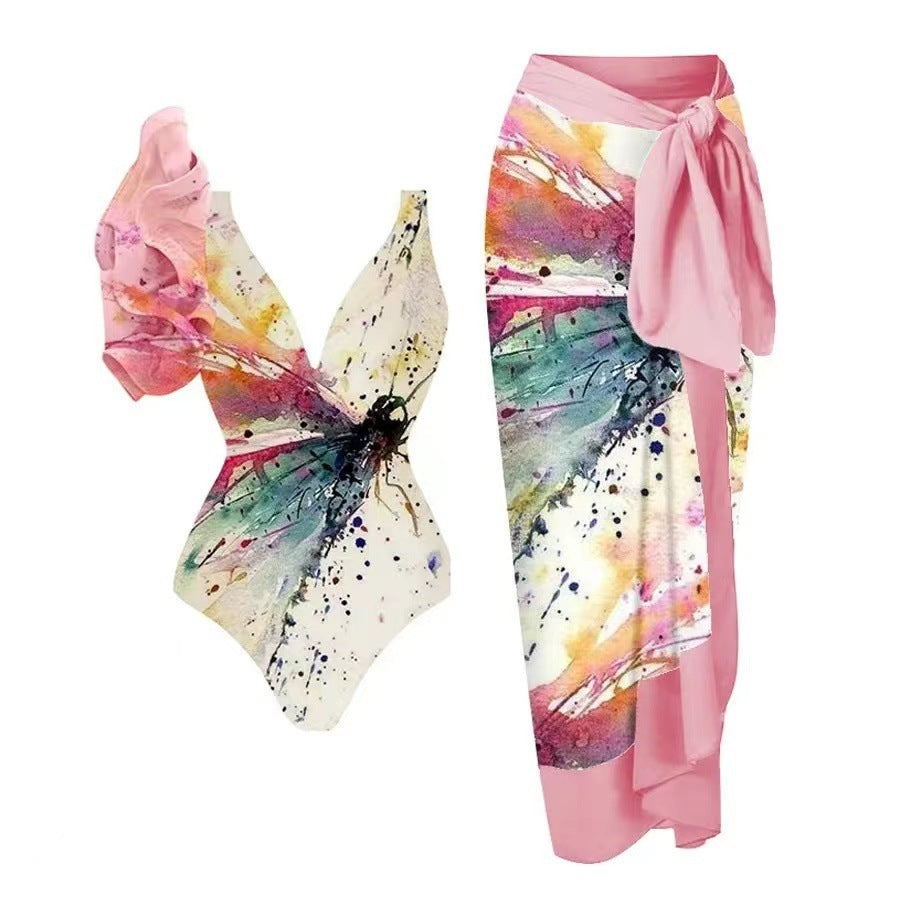 Women's Swimsuit Set with Floral Design and Elegant Wrap Skirt