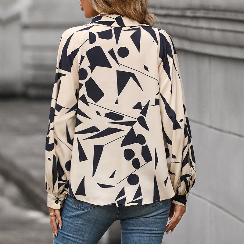Women's Blouse with Elegant Geometric Design and Puff Sleeves