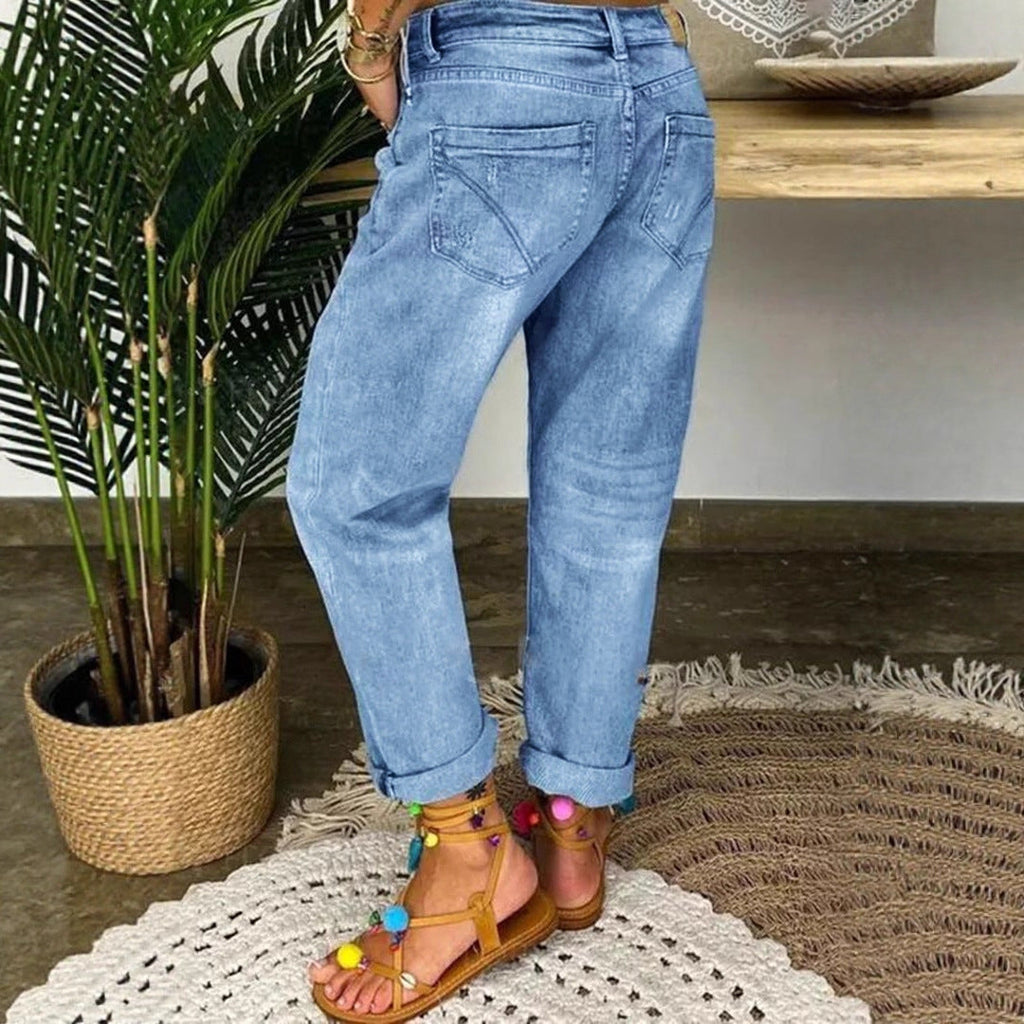 Women's Denim Pleated Trousers with Button Placket and Destroyed Effect