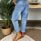 Women's Denim Pleated Trousers with Button Placket and Destroyed Effect