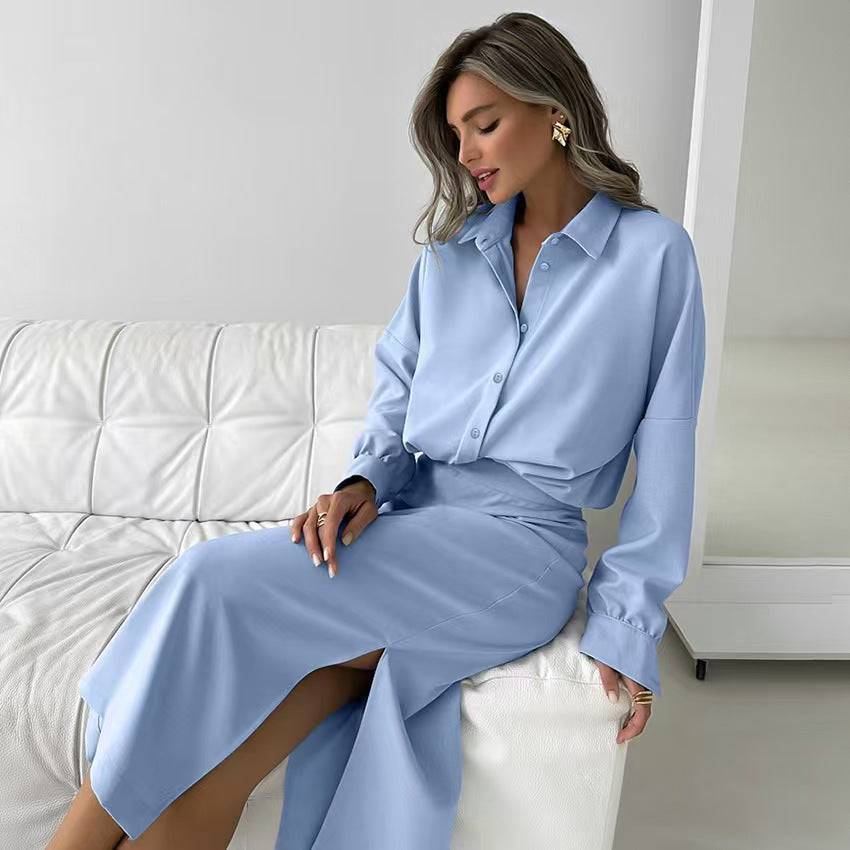 Elegant Long-Sleeve Shirt with Matching Maxi Skirt