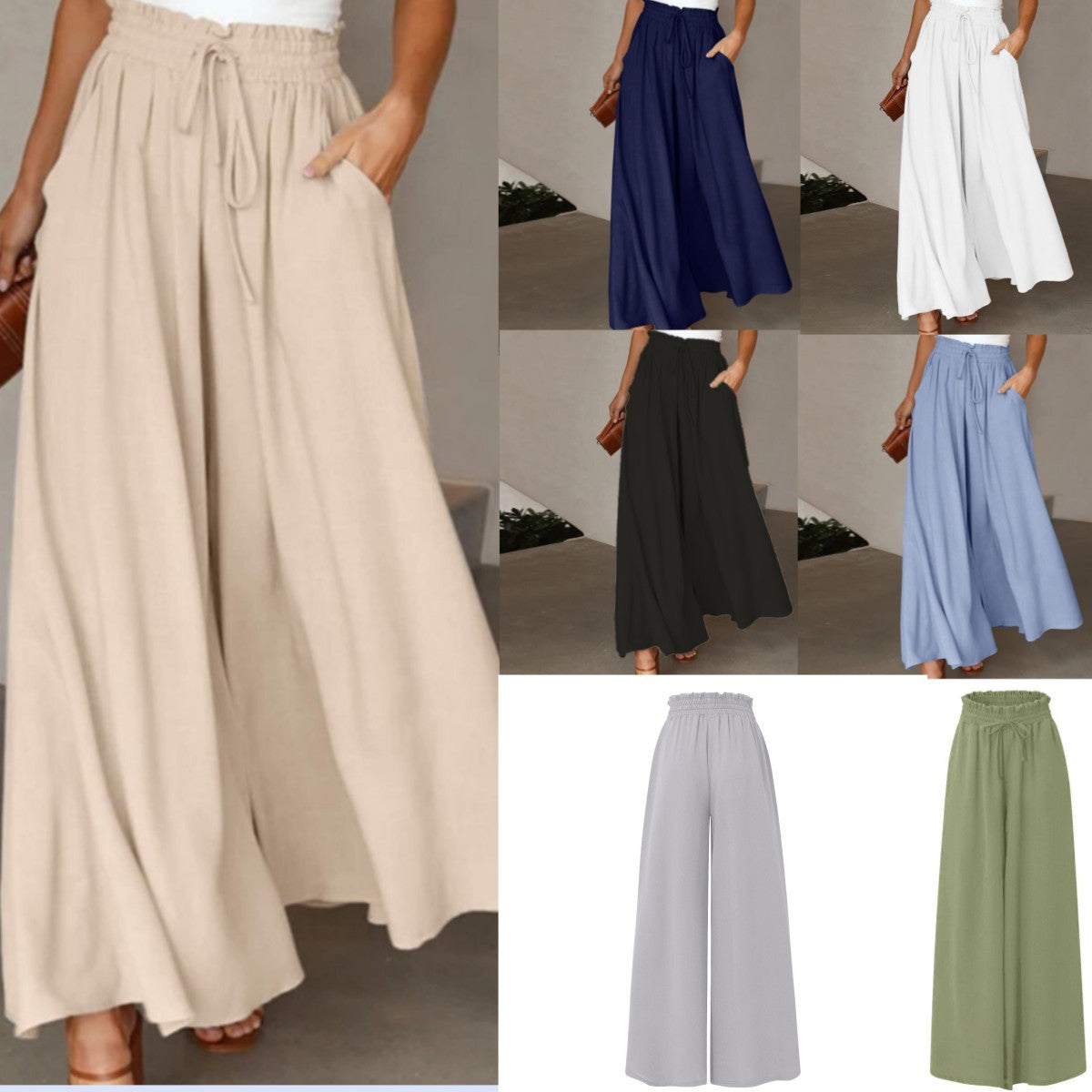 Women's Elegant and Airy Wide-Leg Trousers with Elastic Waist and Pockets