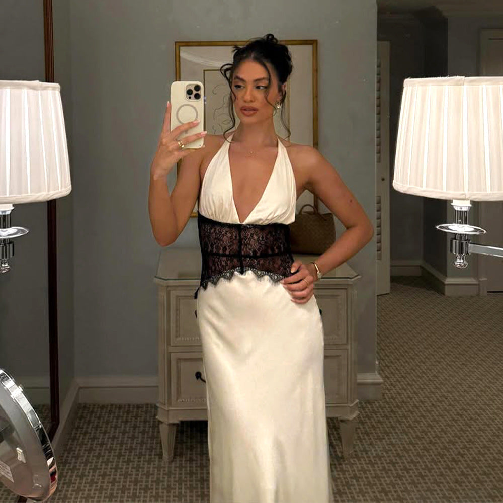 Women's Evening Dress with Lace and Elegant Deep Neckline
