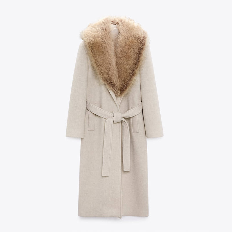 Women's Elegant Trench Coat with Cozy Faux Fur Collar and Adjustable Belt