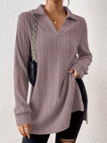 Women's Long Sleeve Shirt with Textured V-Neck and Ribbed Details