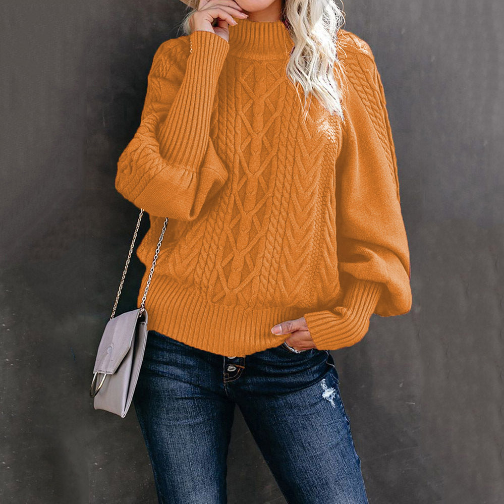 Women's Chunky Knit Sweater with High Neck and Casual Balloon Sleeves