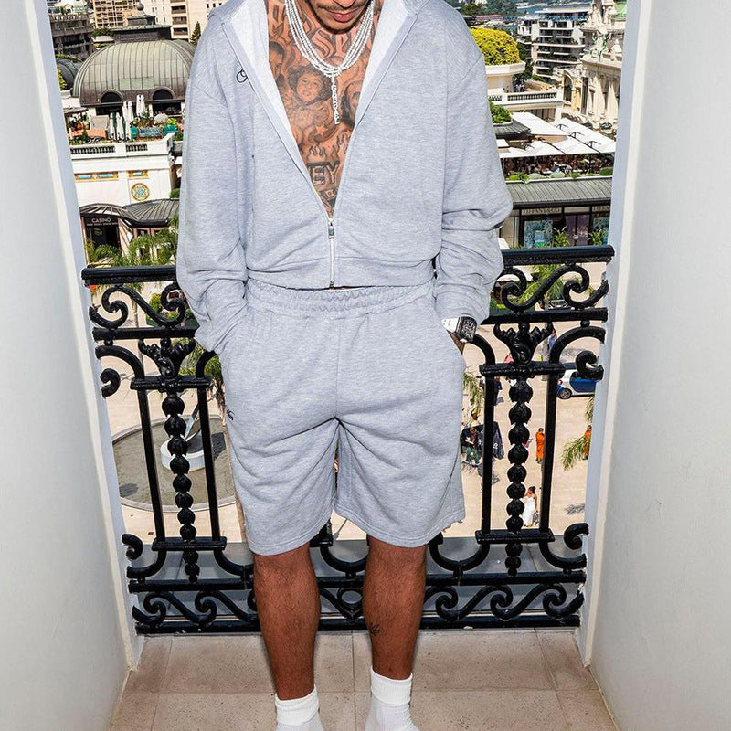 Men's sweat shorts set with zip hoodie and elastic drawstring