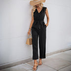 Elegant Women's Jumpsuit with Lace Sleeve Accents and Belt