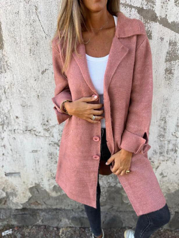 Women's Elegant Wool Jacket with Full Button Placket and Spacious Pockets
