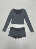 Women's Ribbed Lounge Set with U-Neck Cropped Cardigan and High-Waist Shorts
