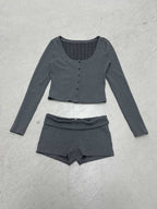 Women's Ribbed Lounge Set with U-Neck Cropped Cardigan and High-Waist Shorts