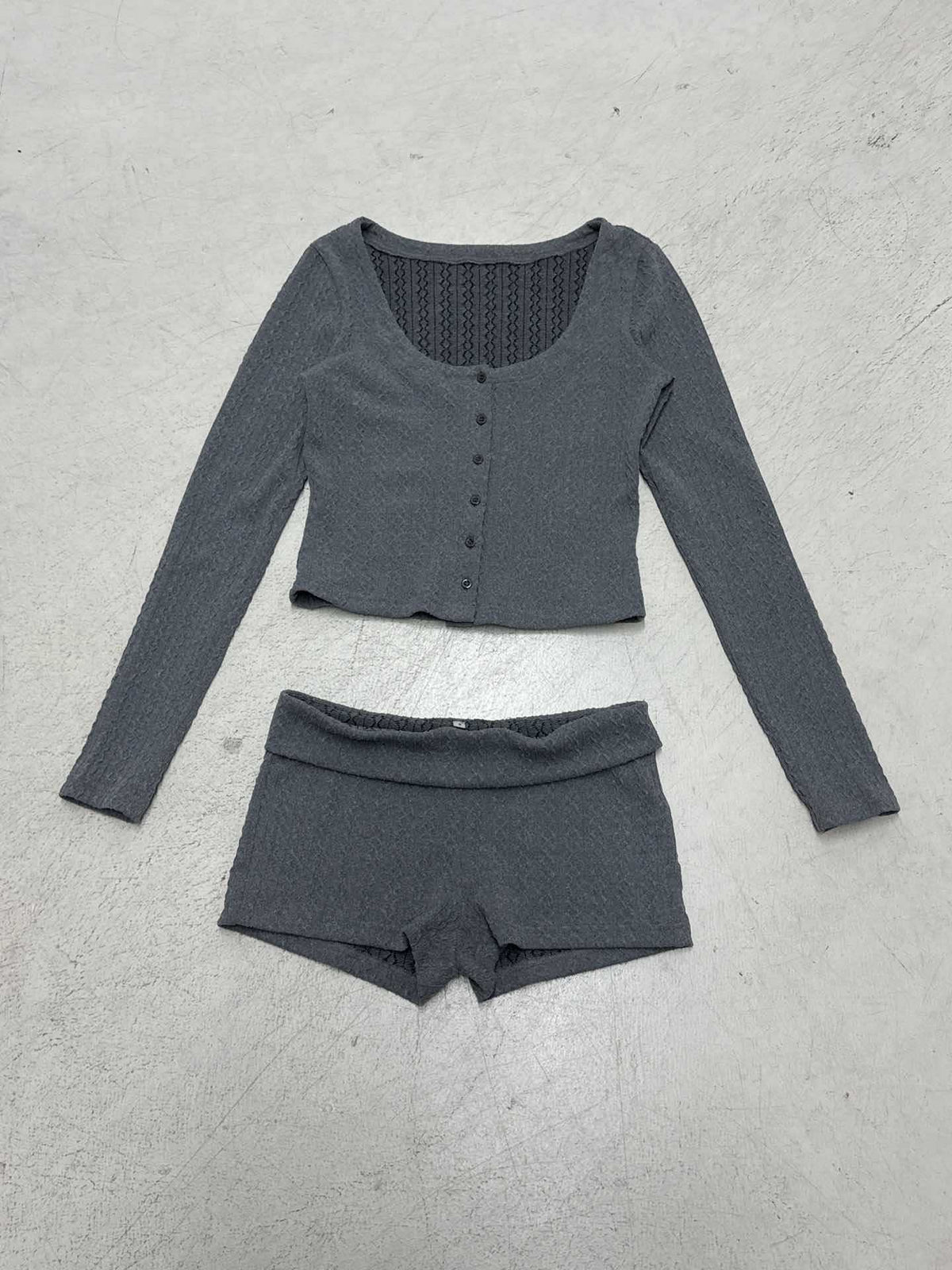Women's Ribbed Lounge Set with U-Neck Cropped Cardigan and High-Waist Shorts