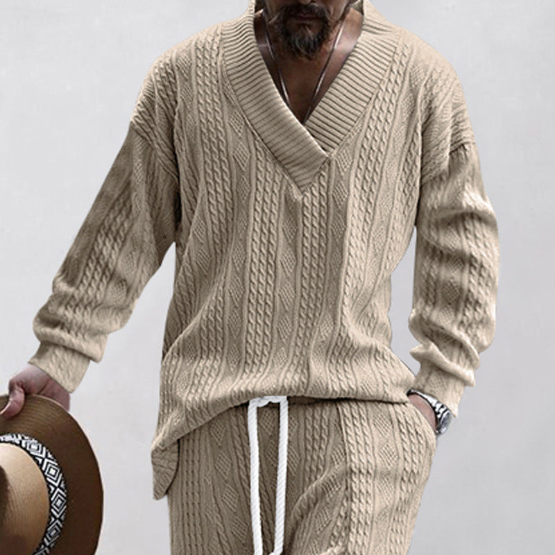 Men's relaxed knit ensemble with deep V-neck and elastic drawstring waistband