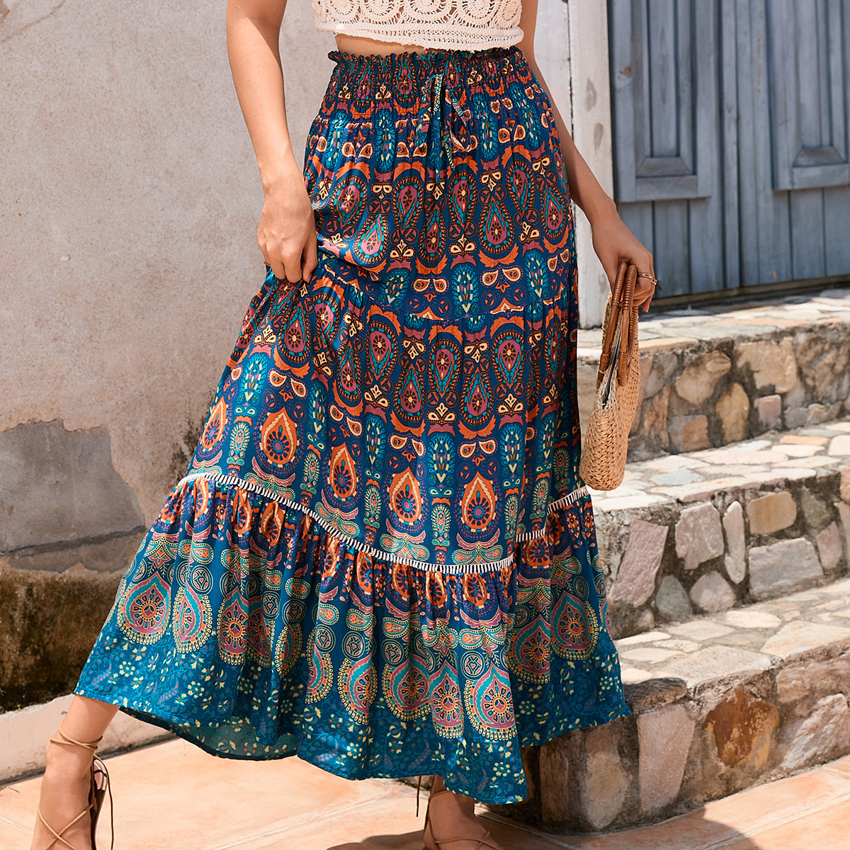 Women's Maxi Skirt with Playful Paisley Pattern and Ruffle Details