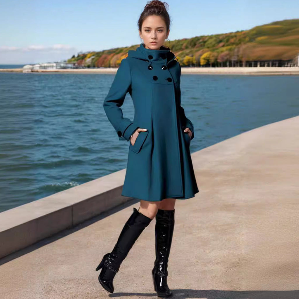 Elegant Hooded Coat with Double-Breasted Buttons and Side Pockets