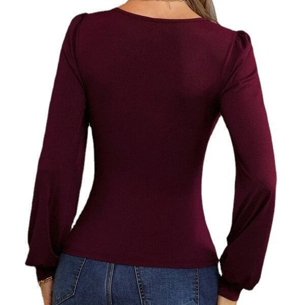 Women's Fitted Long-Sleeve V-Neck Shirt with Balloon Sleeves