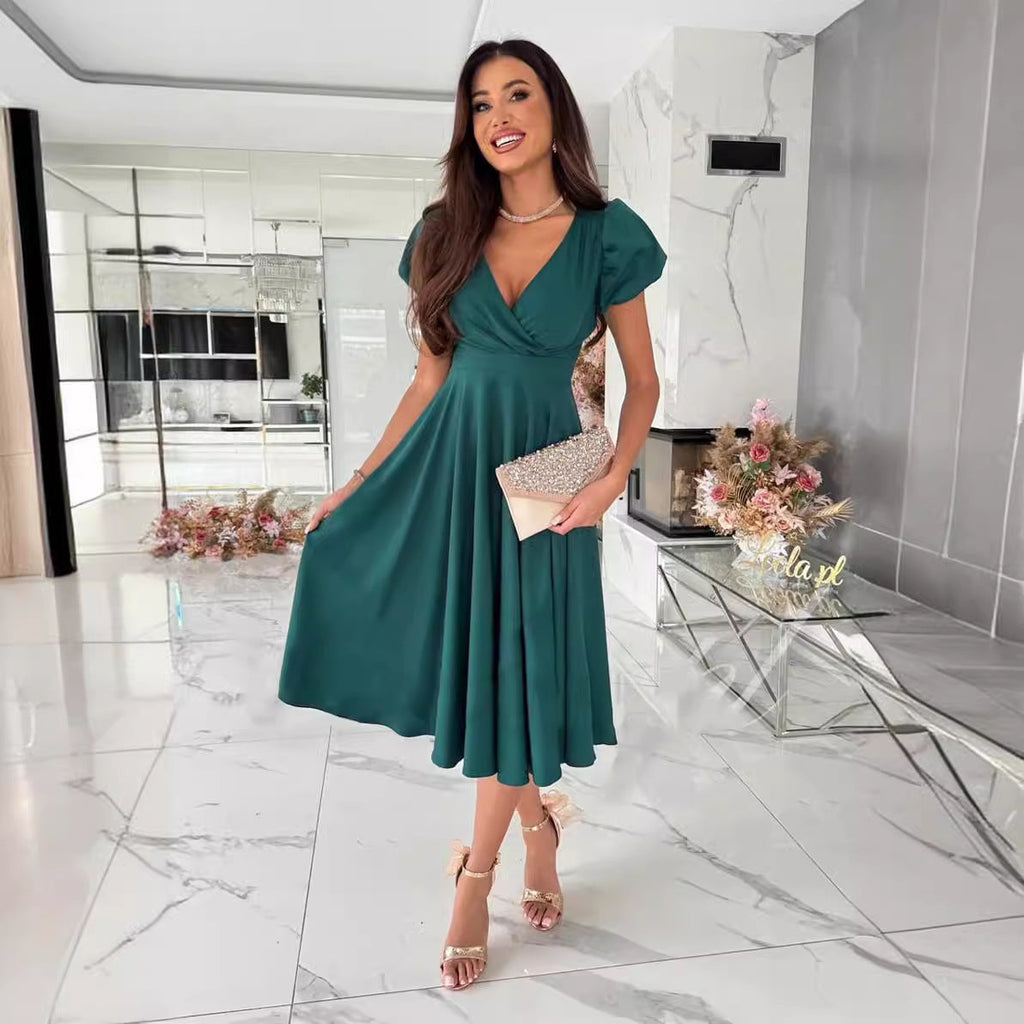 Women's A-Line Dress with Puff Sleeves and V-Neck