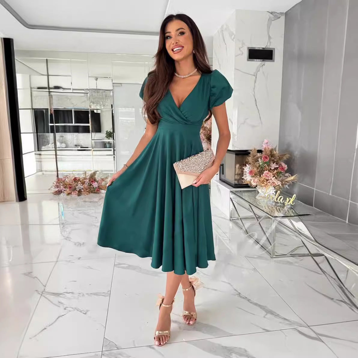 Women's A-Line Dress with Puff Sleeves and V-Neck