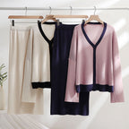 Women's Elegant Knit Set with Deep V-Neck and Contrast Details