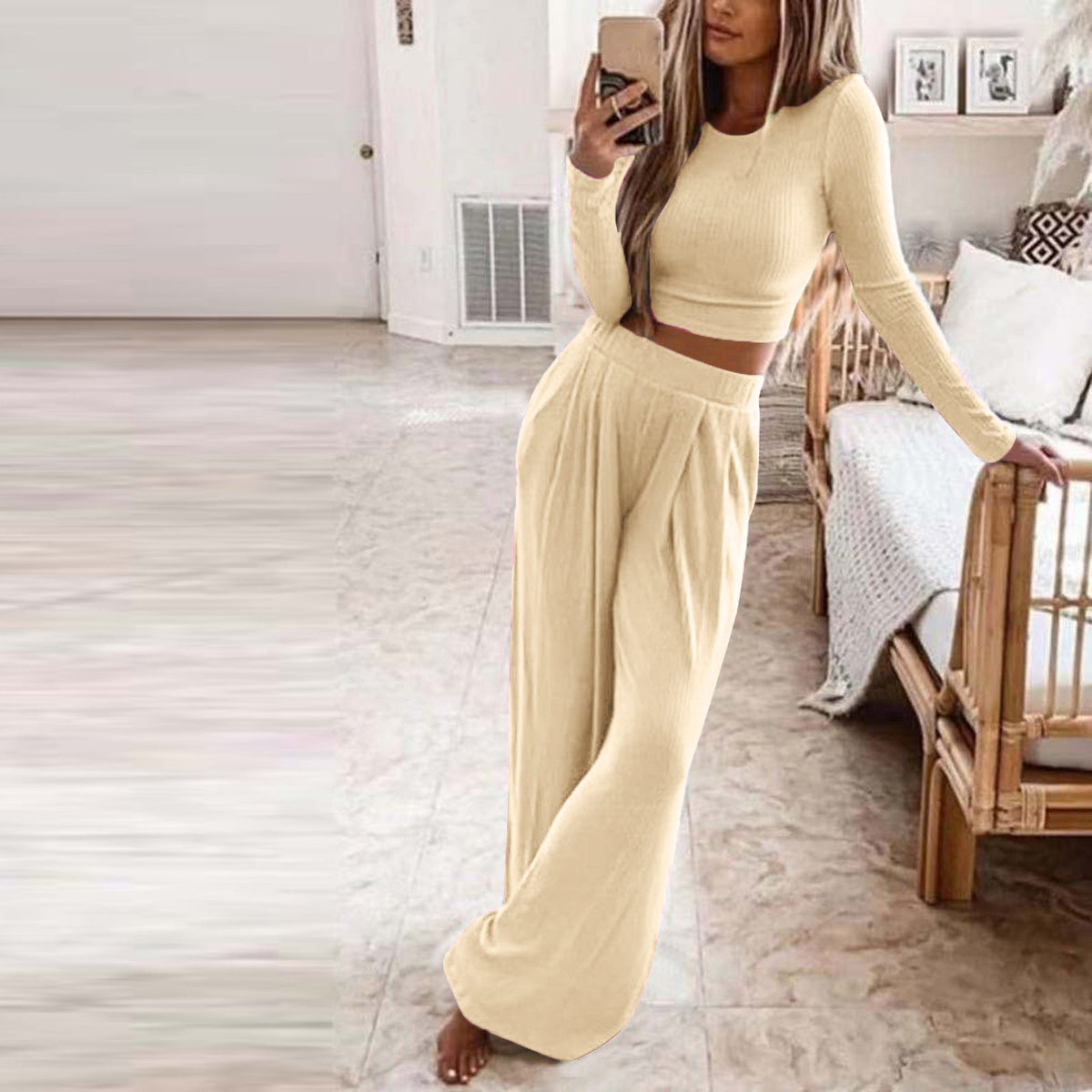 Women's Elegant Long-Sleeve Wide-Leg Lounge Set