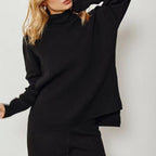 Women's Casual Knit Ensemble with Wide Cut and High Collar