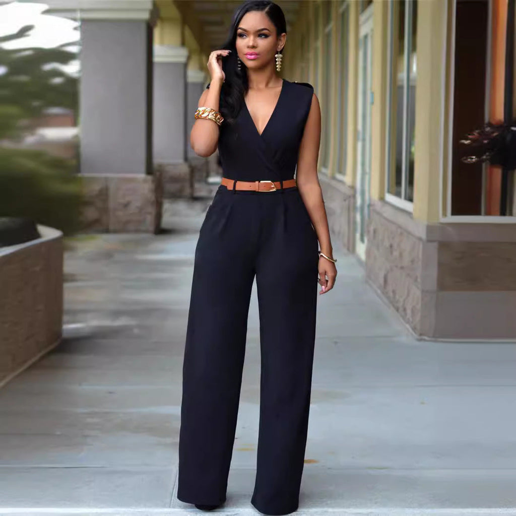 Elegant Wrap Jumpsuit with Wide Leg and Waist Belt