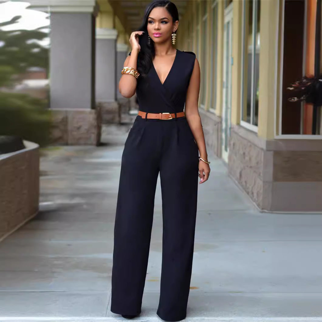 Elegant Wrap Jumpsuit with Wide Leg and Waist Belt