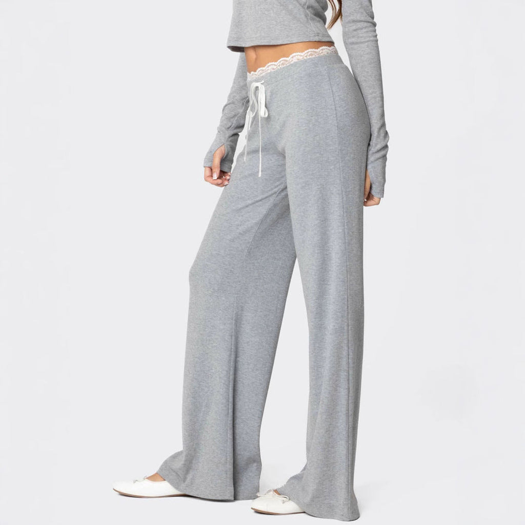Women's Light Gray Casual Pants with Elastic Waistband and Lace Trim