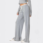 Women's Light Gray Casual Pants with Elastic Waistband and Lace Trim