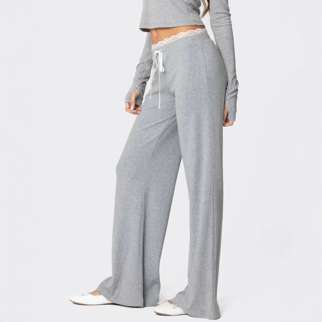 Women's Light Gray Casual Pants with Elastic Waistband and Lace Trim