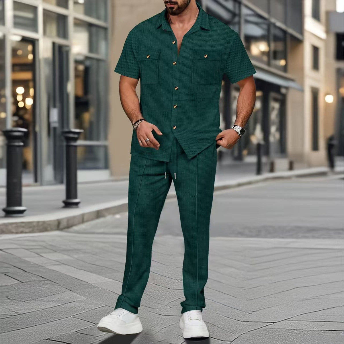 Men's Casual Tracksuit with Camp Shirt and Drawstring Pants