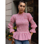 Elegant Women's Blouse with Ruffle Details and Smocked Effect