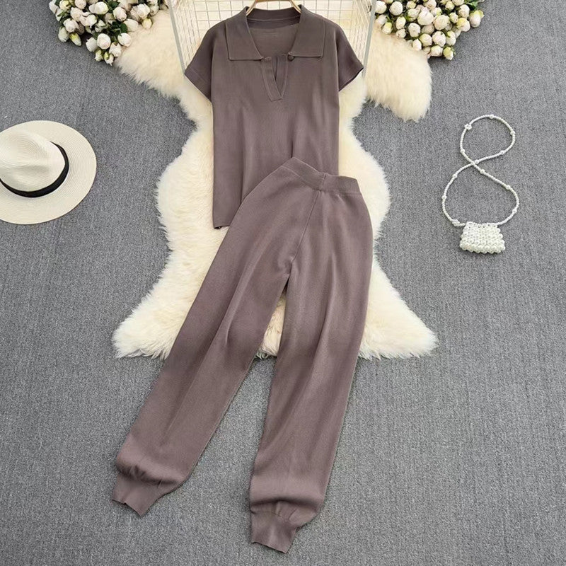 Women's Elegant Lounge Set with Short-Sleeve Polo and Wide-Leg Pants