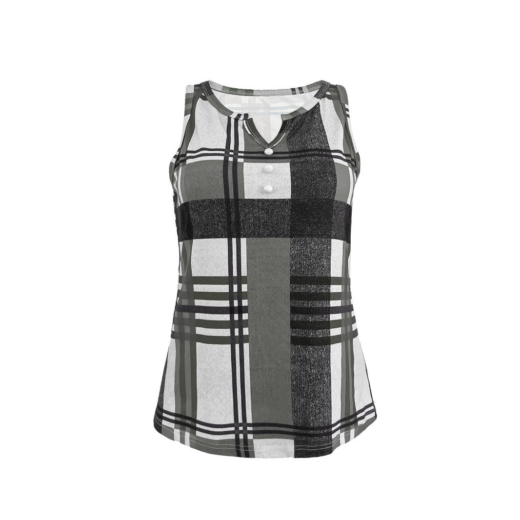 Women's Sleeveless V-Neck Top with Button Detail and Plaid Pattern